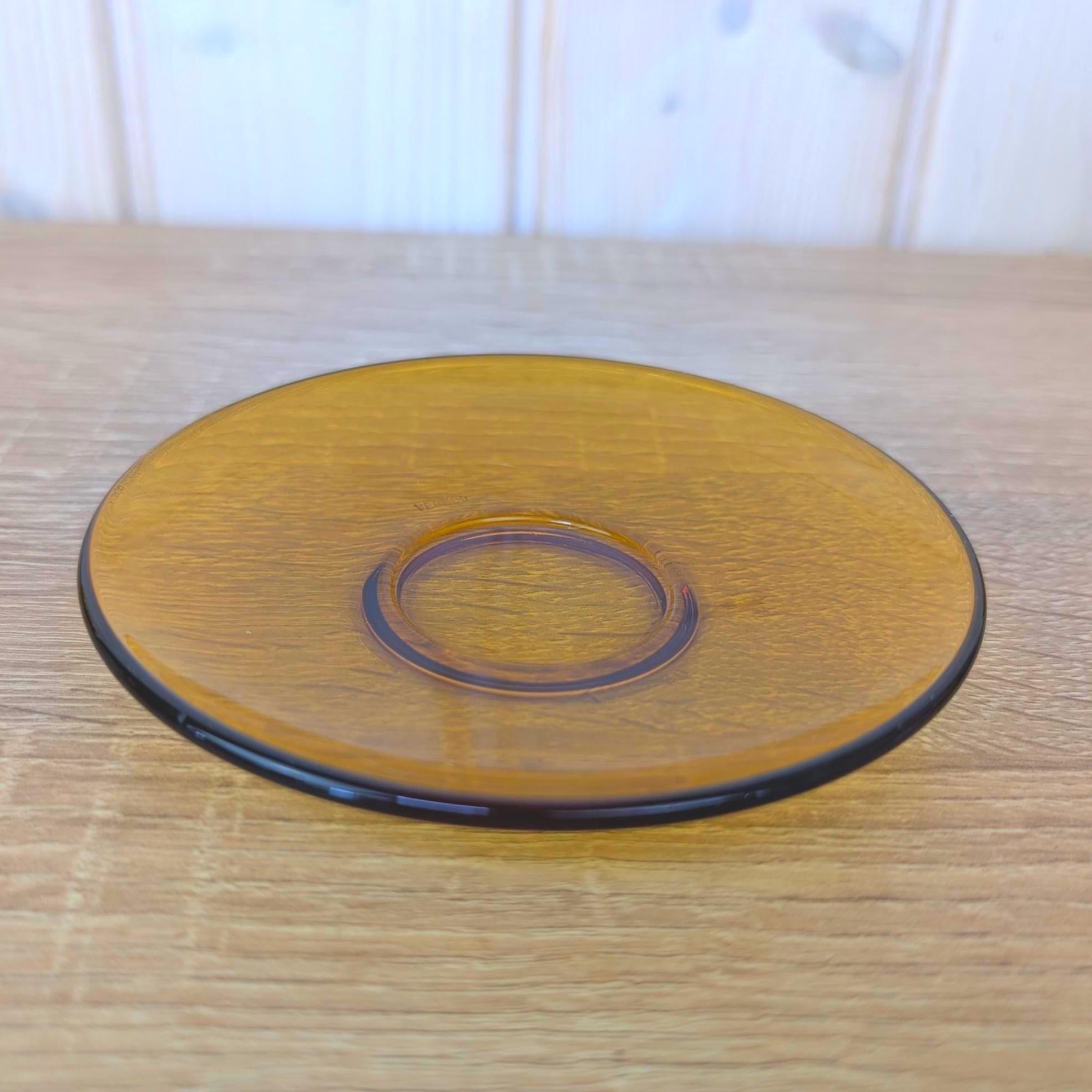 Espresso Cup Saucer Set of 4, Vereco France, Amber Glass, 1970s Tempered Glass, French Glassware