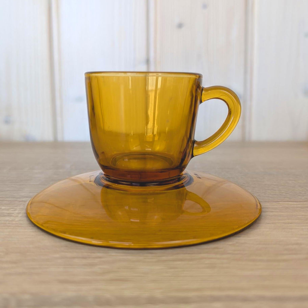Espresso Cup Saucer Set of 4, Vereco France, Amber Glass, 1970s Tempered Glass, French Glassware