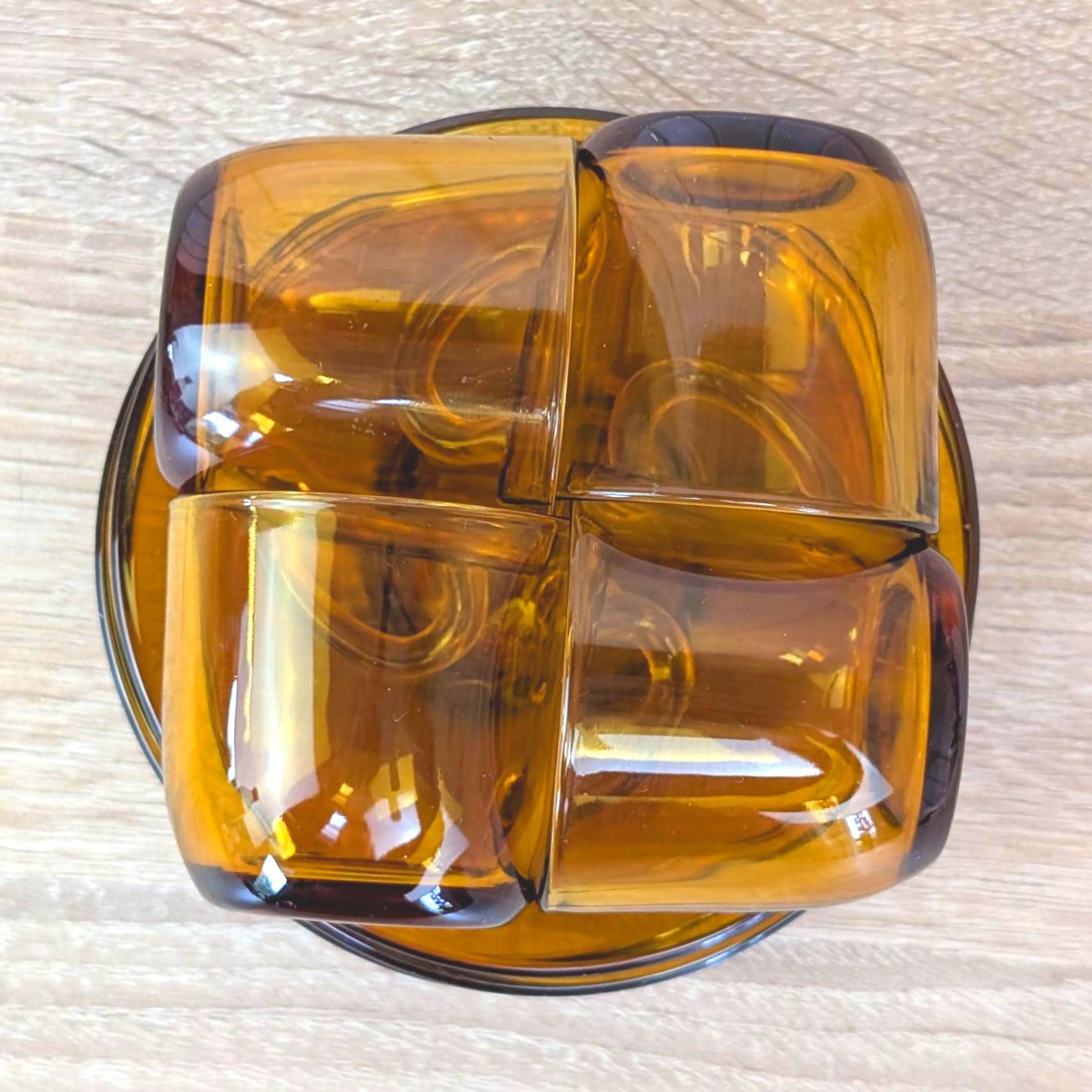 Espresso Cup Saucer Set of 4, Vereco France, Amber Glass, 1970s Tempered Glass, French Glassware