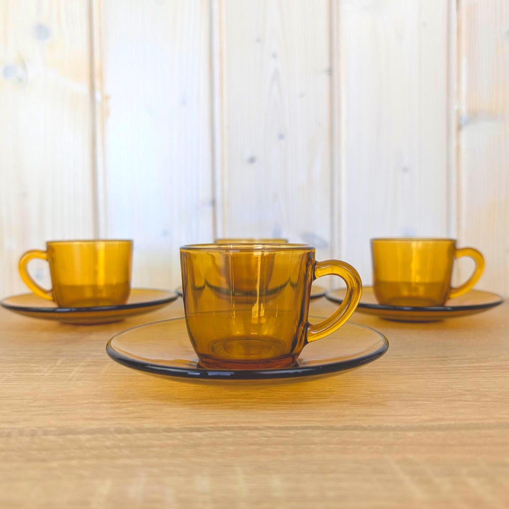 Espresso Cup Saucer Set of 4, Vereco France, Amber Glass, 1970s Tempered Glass, French Glassware