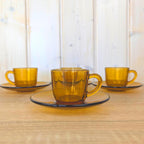 Espresso Cup Saucer Set of 4, Vereco France, Amber Glass, 1970s Tempered Glass, French Glassware