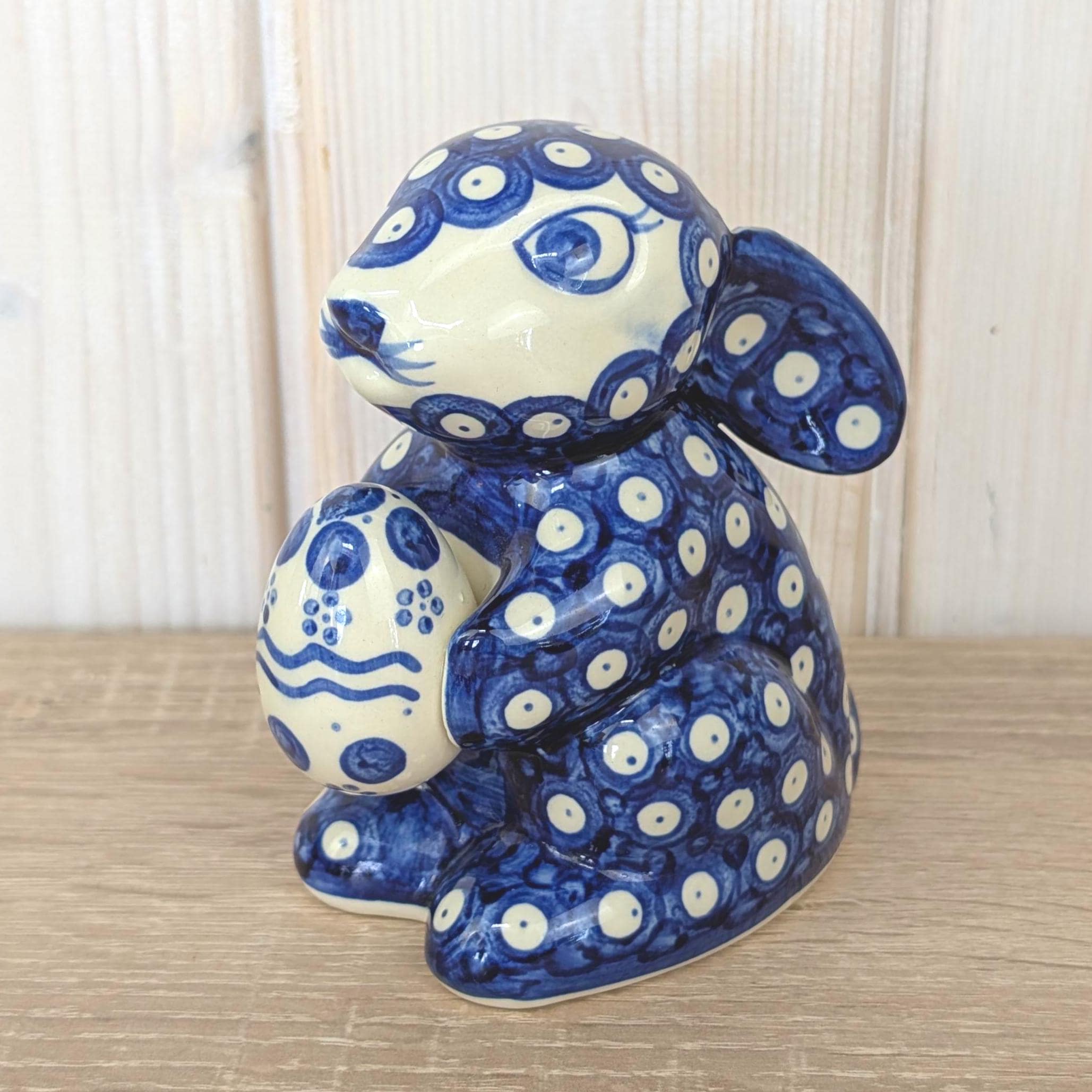 Boleslawiec Polish Pottery Easter Bunny Figurine, Wiza Poland, Peacock Eye Pattern, 1980s, Hand Made