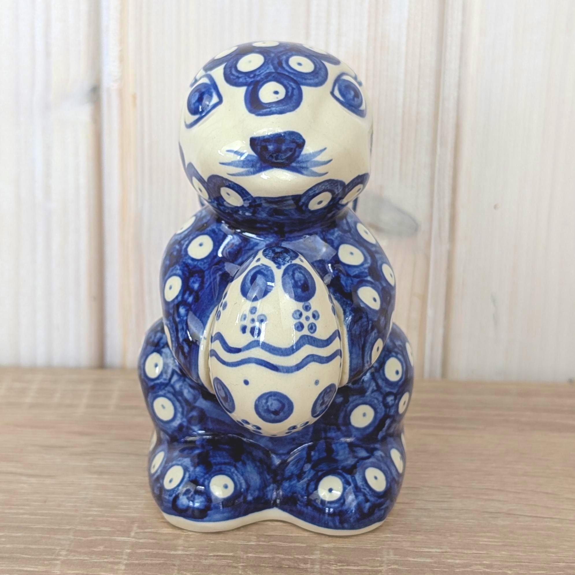 Boleslawiec Polish Pottery Easter Bunny Figurine, Wiza Poland, Peacock Eye Pattern, 1980s, Hand Made