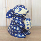Boleslawiec Polish Pottery Easter Bunny Figurine, Wiza Poland, Peacock Eye Pattern, 1980s, Hand Made