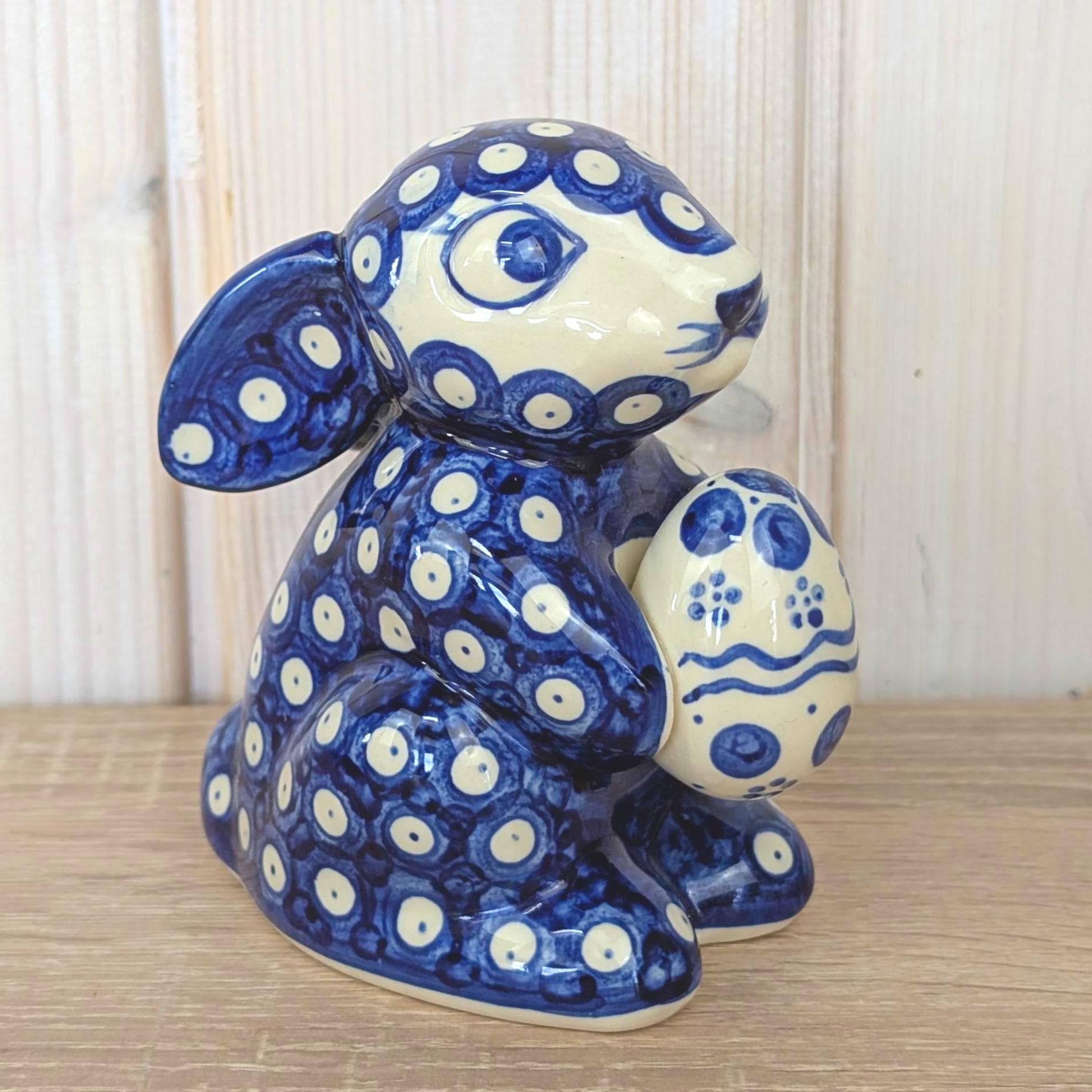 Boleslawiec Polish Pottery Easter Bunny Figurine, Wiza Poland, Peacock Eye Pattern, 1980s, Hand Made