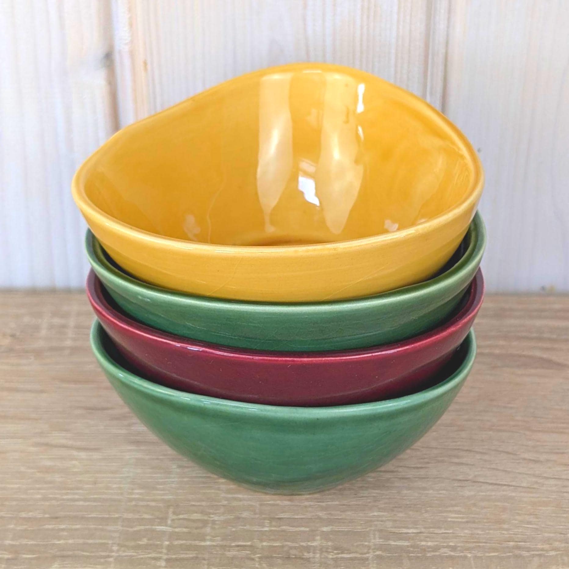 Bowls Set of 4, Triangular Ceramic , Mustard Green Burgundy, 1960s Pebble Shape, Mid Century Pottery