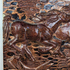Running Horses, Ceramic Wall Relief Plaque, 1974, studio pottery, copper glaze, wall art