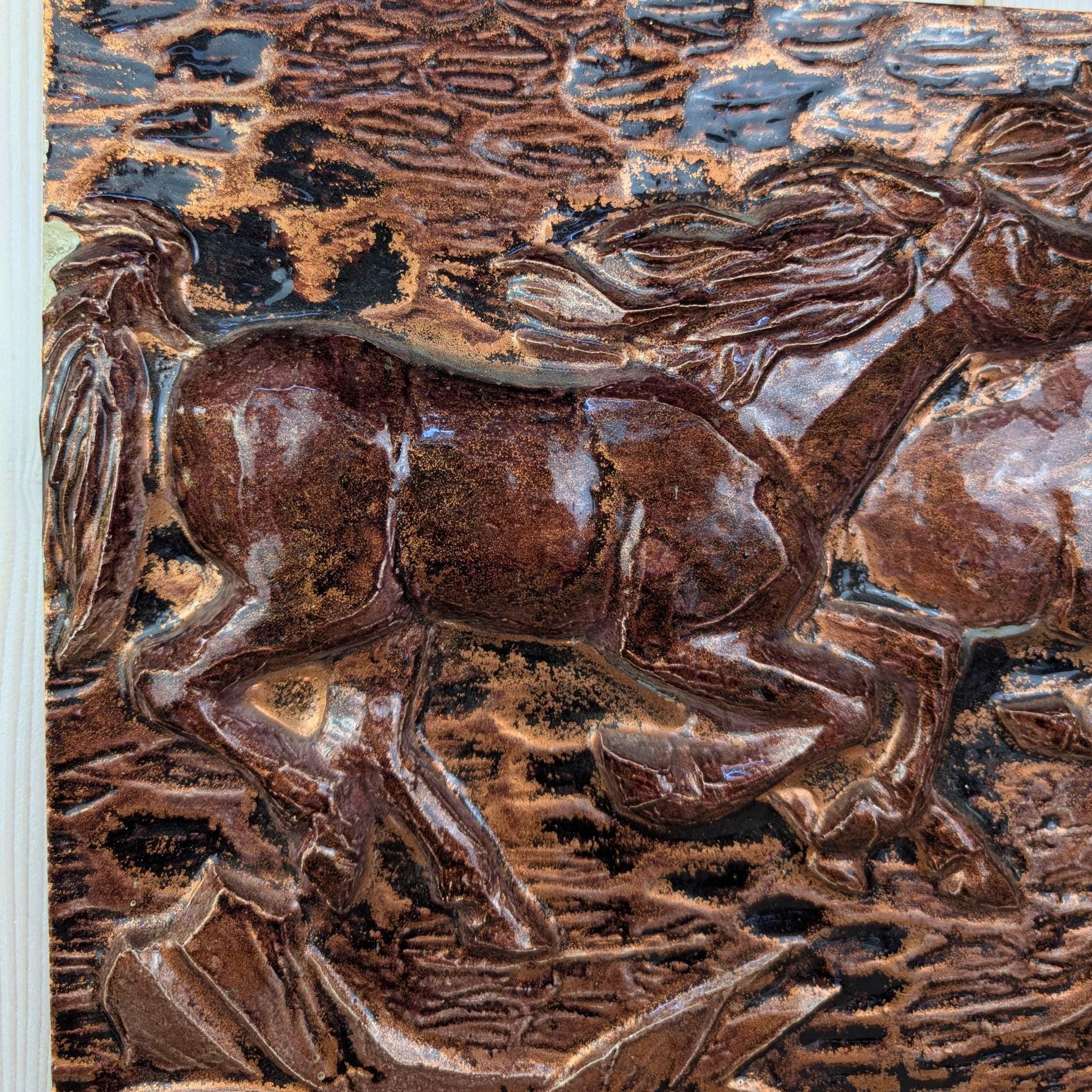 Running Horses, Ceramic Wall Relief Plaque, 1974, studio pottery, copper glaze, wall art