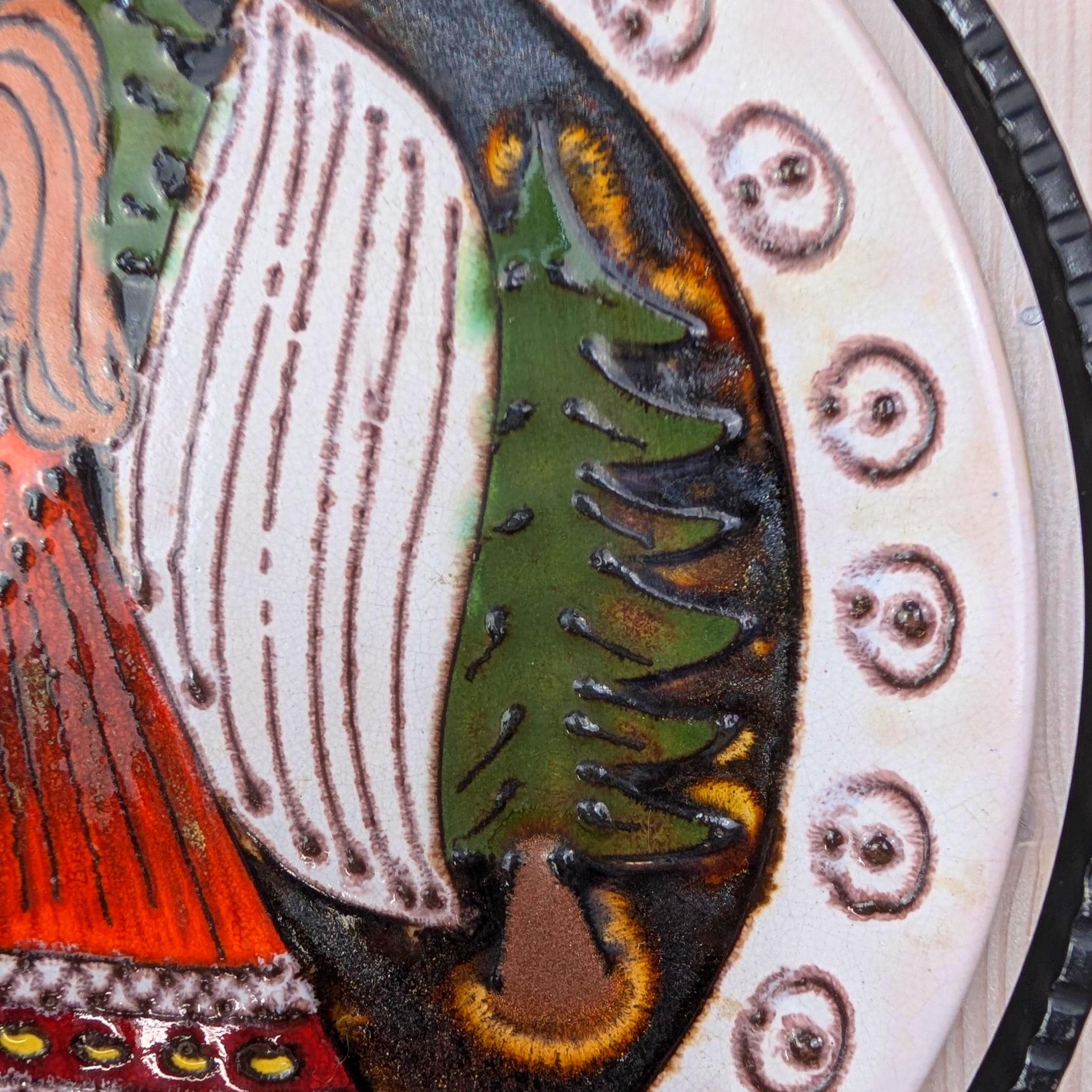 WMF Weihnachtsteller 1977, ceramic Christmas plate, handgemalt, angel, wrought iron frame