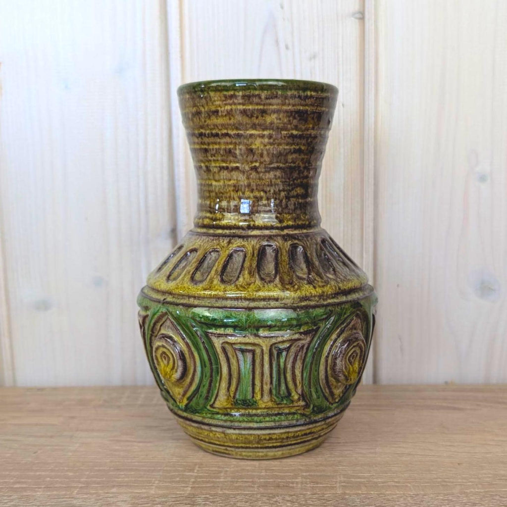Fratelli Fanciullacci or Pugi Italian ceramic vase, relief decor, 1960s, Montelupo, green brown glaze, studio pottery