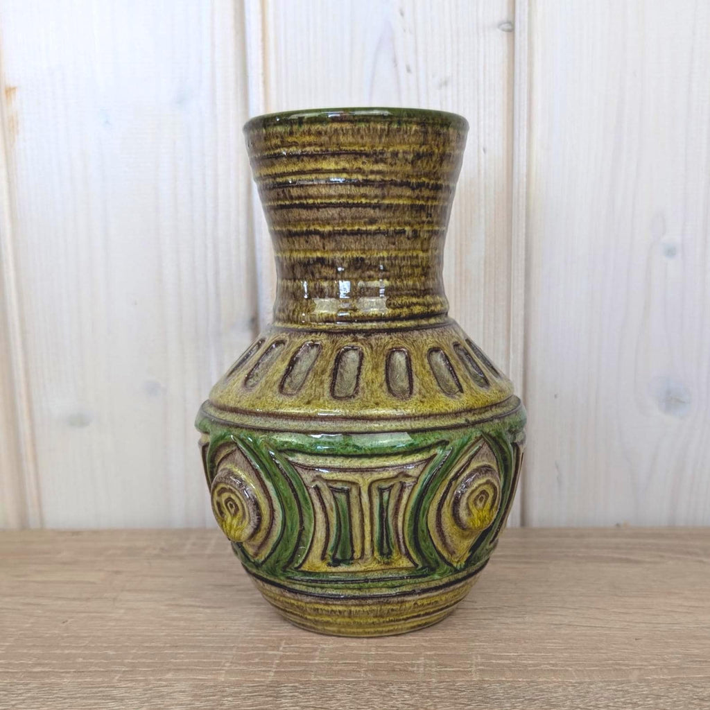 Fratelli Fanciullacci or Pugi Italian ceramic vase, relief decor, 1960s, Montelupo, green brown glaze, studio pottery