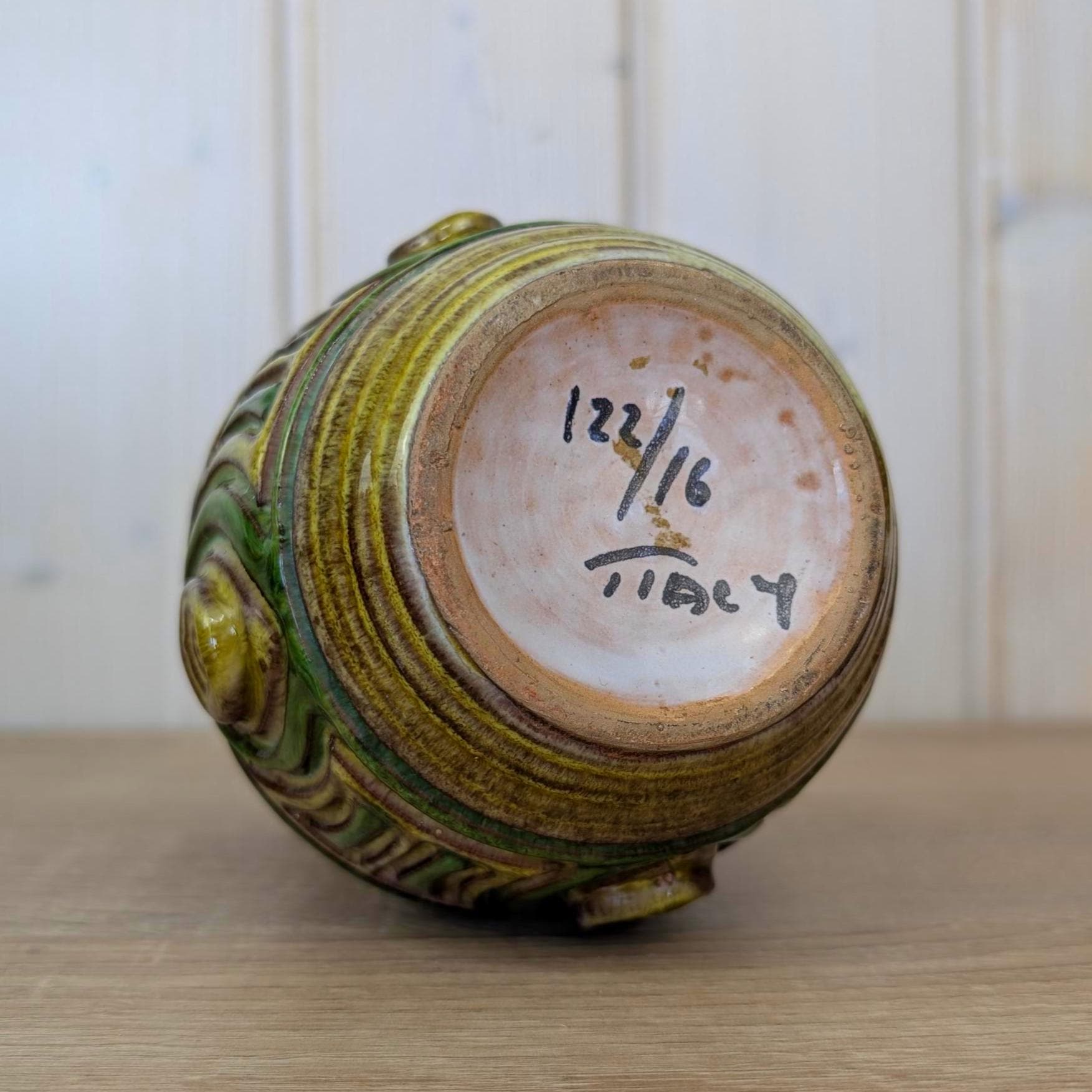 Fratelli Fanciullacci or Pugi Italian ceramic vase, relief decor, 1960s, Montelupo, green brown glaze, studio pottery