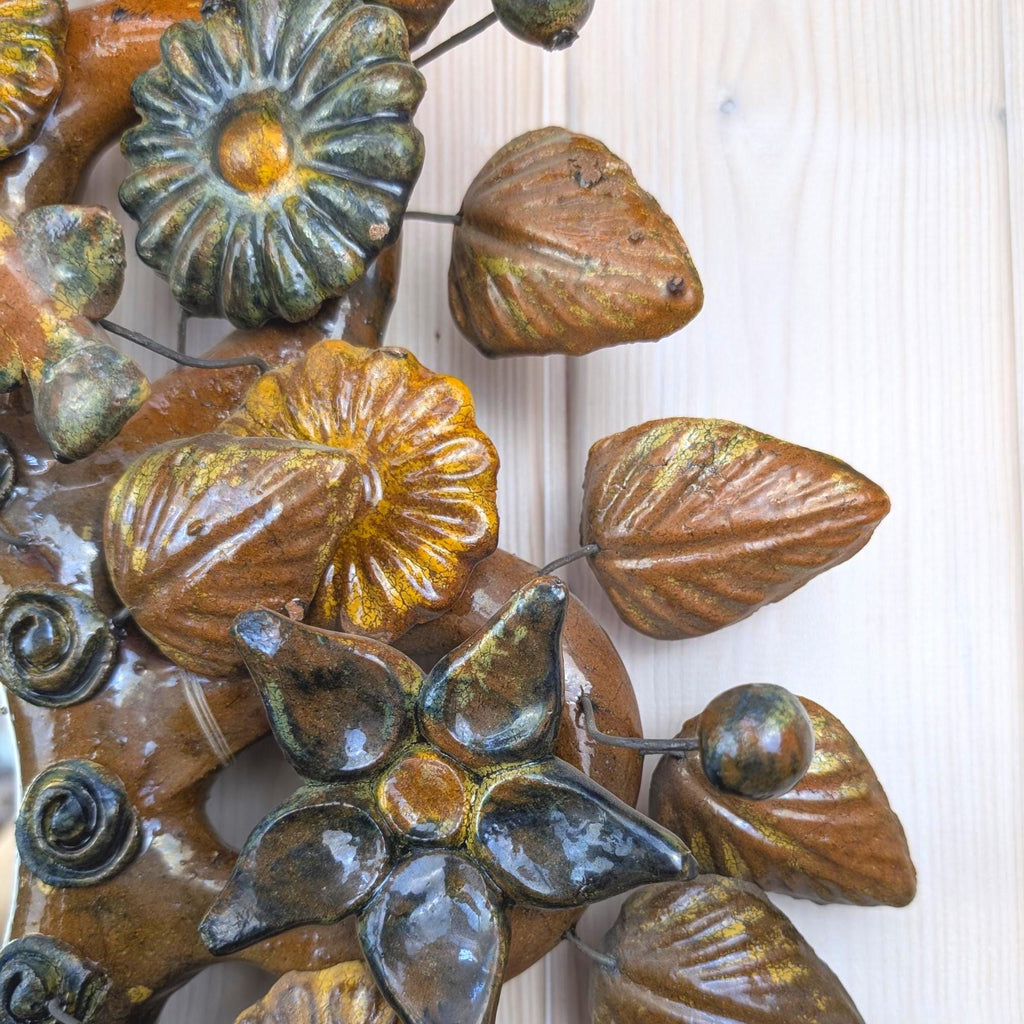Ceramic wall mirror, tree of life style, flowers and leaves, brown glaze, handmade, mid century, 1960s