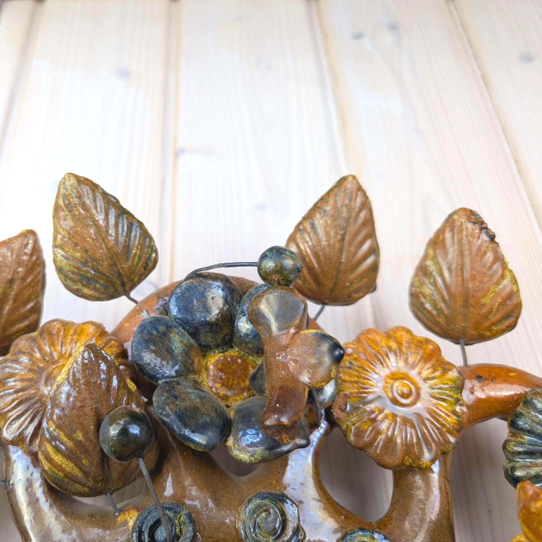 Ceramic wall mirror, tree of life style, flowers and leaves, brown glaze, handmade, mid century, 1960s