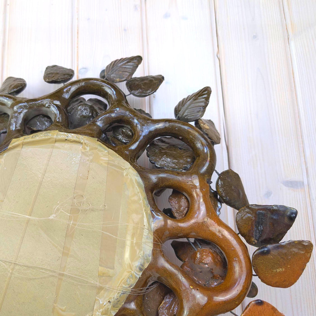Ceramic wall mirror, tree of life style, flowers and leaves, brown glaze, handmade, mid century, 1960s