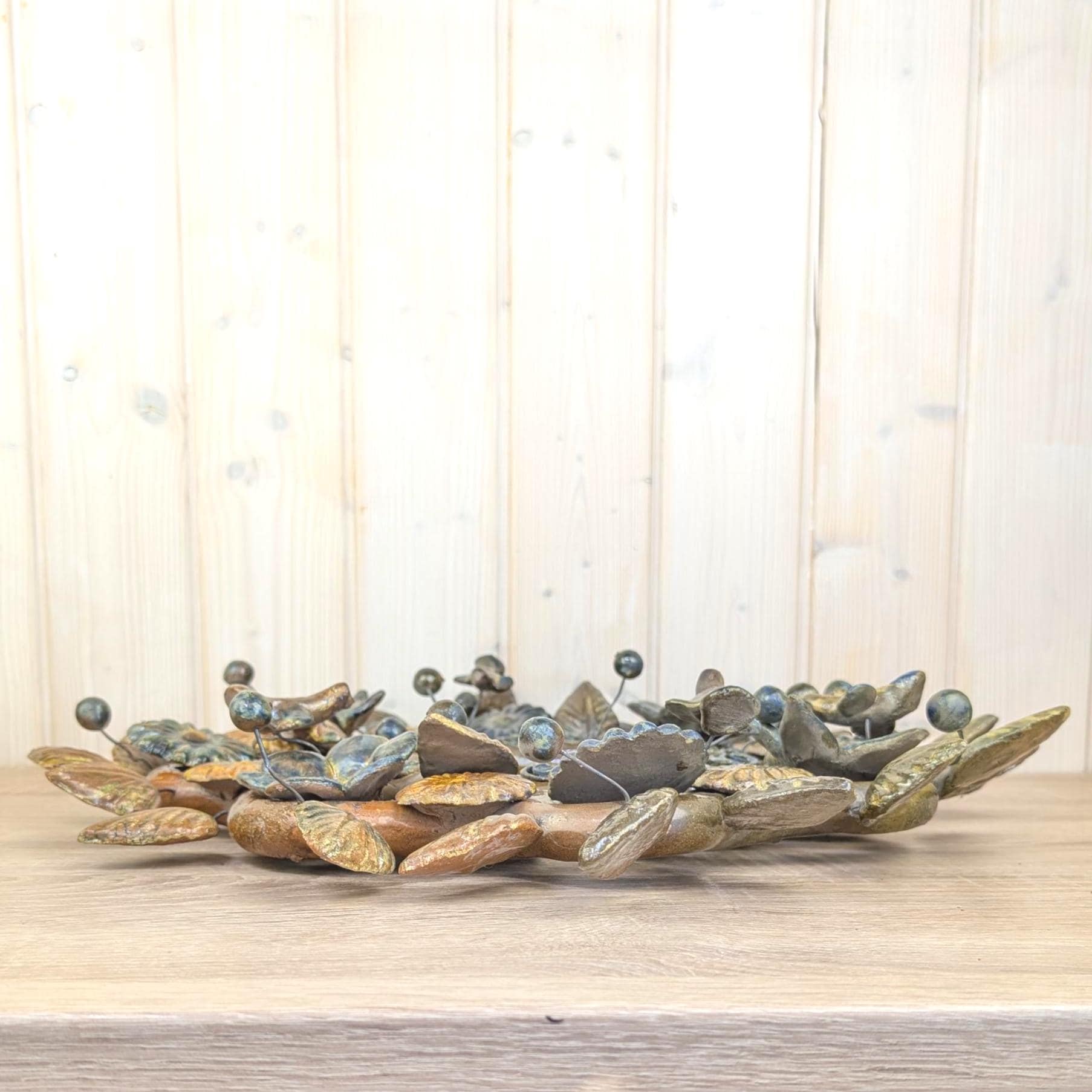 Ceramic wall mirror, tree of life style, flowers and leaves, brown glaze, handmade, mid century, 1960s