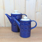 Coffee pot and Tea pot set, Kahla Duett, cobalt blue porcelain, circle relief, GDR East Germany, 1960s 1970s