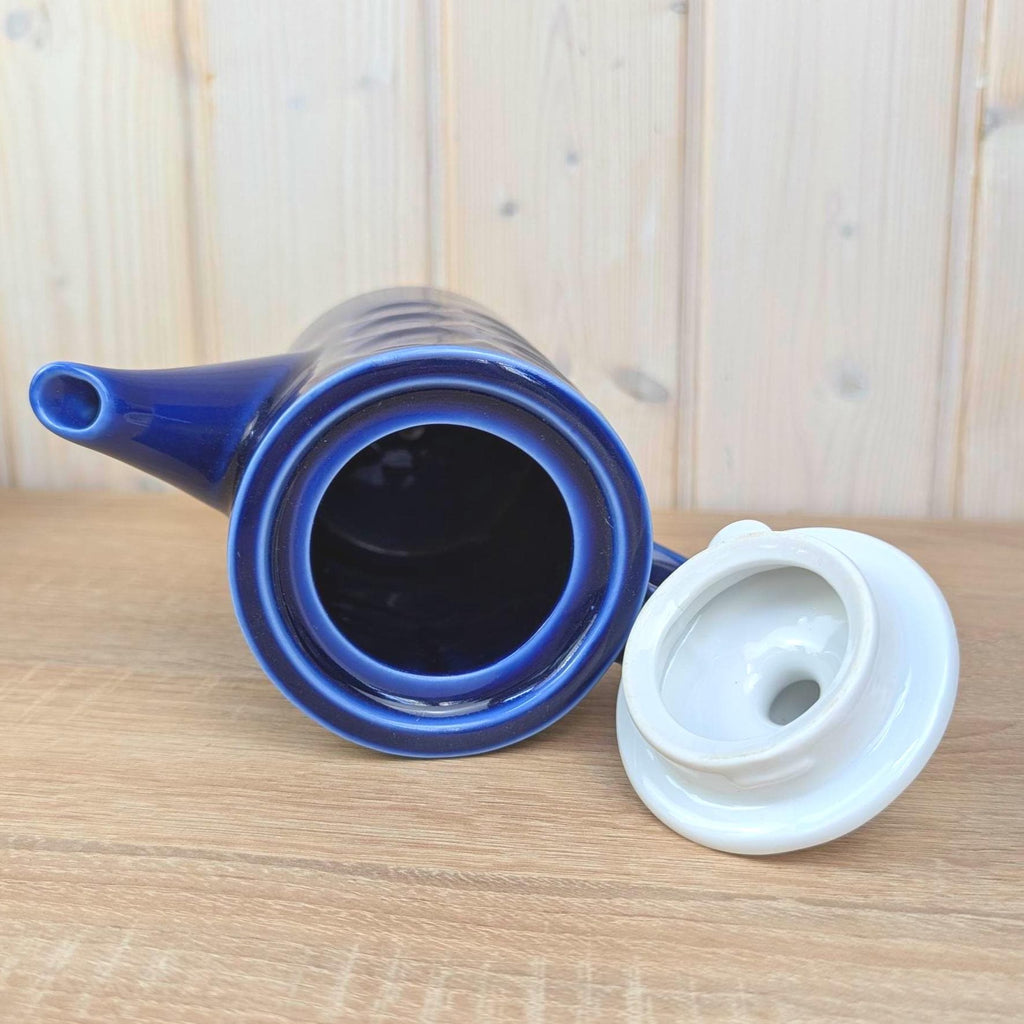 Coffee pot and Tea pot set, Kahla Duett, cobalt blue porcelain, circle relief, GDR East Germany, 1960s 1970s