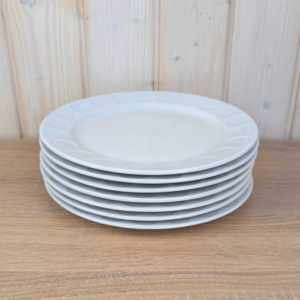 Dinner Plates set of 7, Kahla Duett , white porcelain, circle relief rim, GDR East Germany, 1960s 1970s