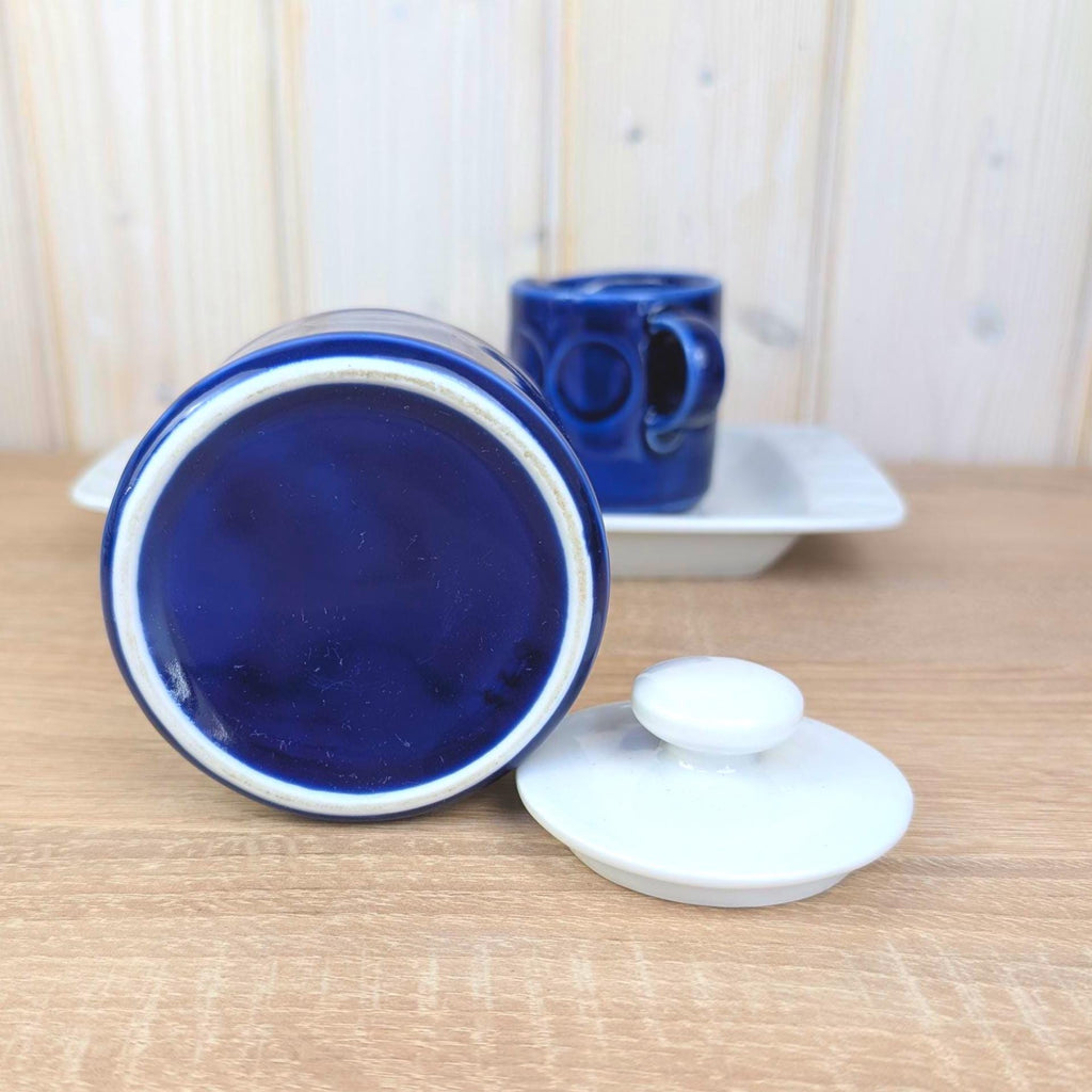 Sugar bowl, Creamer and Tray Set, Kahla Duett, cobalt blue porcelain, GDR East Germany, 1960s 1970s