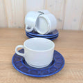 Cup and Saucer Set of 4, Kahla Duett, white cup cobalt blue saucer, GDR East Germany, 1960s 1970s