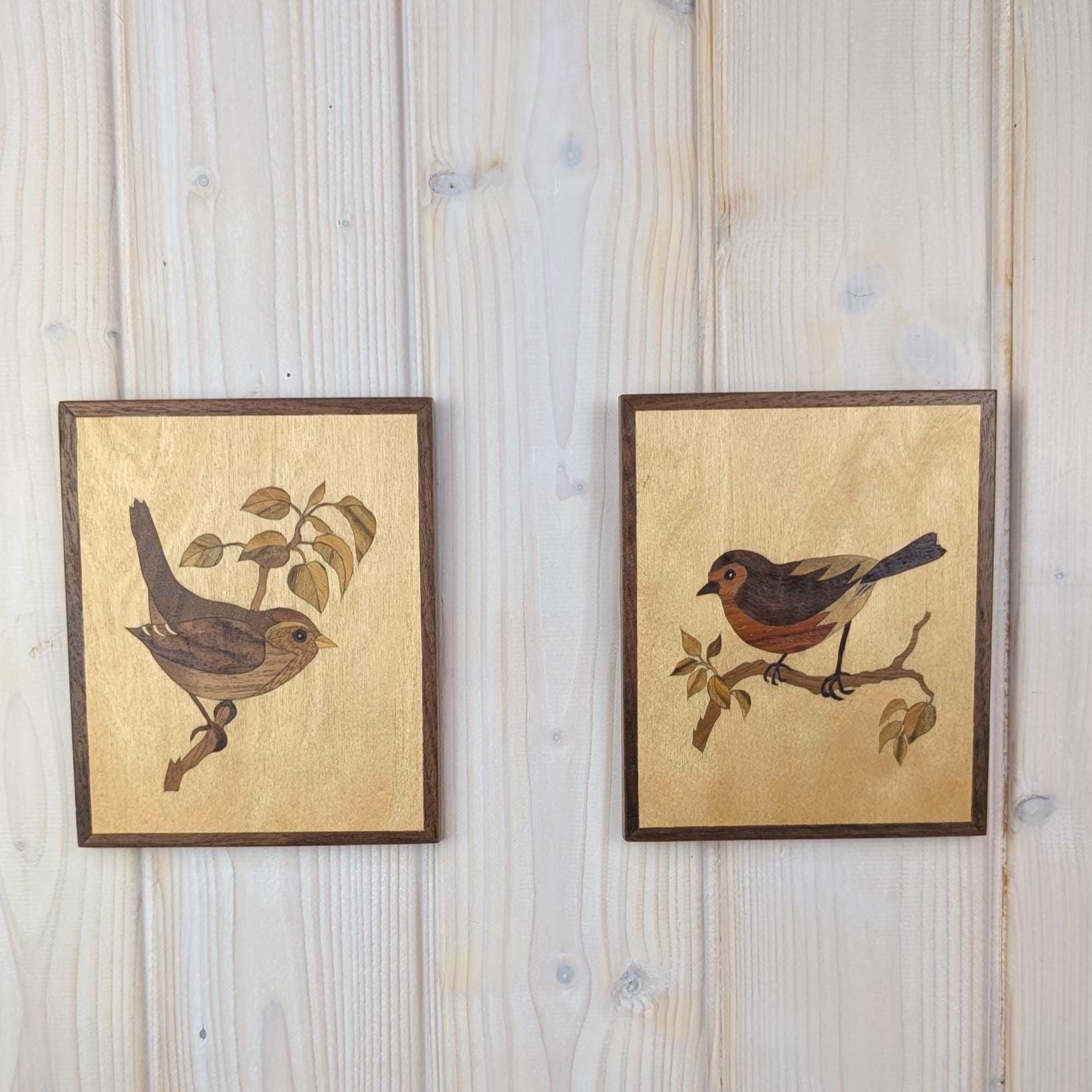 Wood marquetry bird panels set of 2, songbirds on branch, vintage wall art, 1960s 1970s