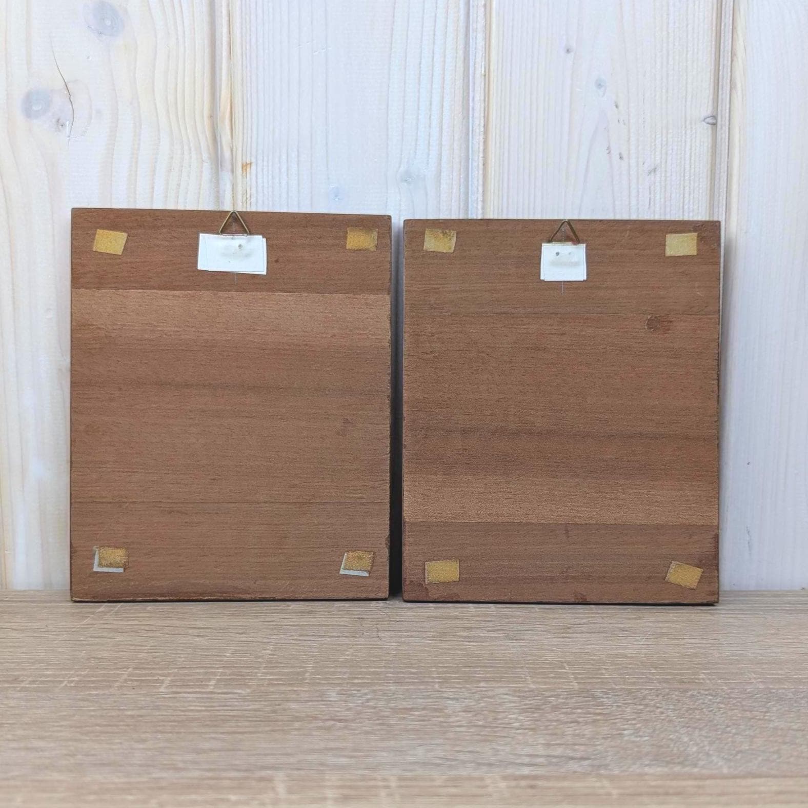 Wood marquetry bird panels set of 2, songbirds on branch, vintage wall art, 1960s 1970s