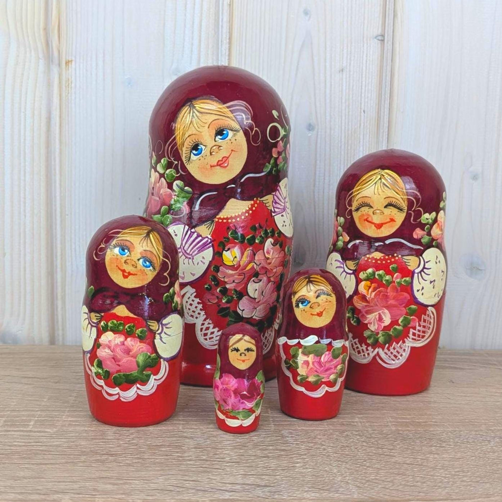 Matryoshka Nesting Dolls Set of 5, Hand Painted Wood, Russian Folk Art, Floral Red, 1980s