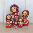 Matryoshka Nesting Dolls Set of 5, Hand Painted Wood, Russian Folk Art, Floral Red, 1980s