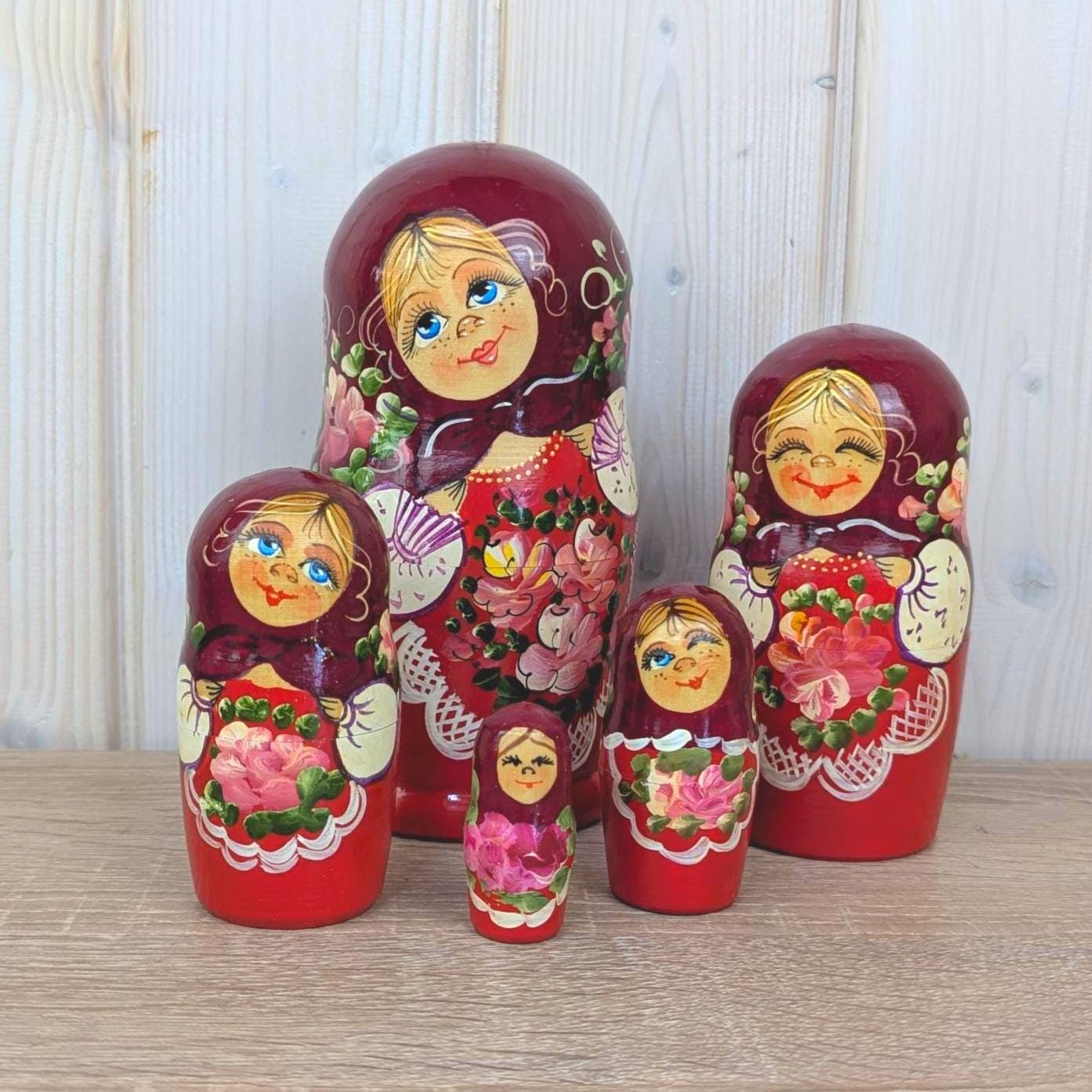 Matryoshka Nesting Dolls Set of 5, Hand Painted Wood, Russian Folk Art, Floral Red, 1980s