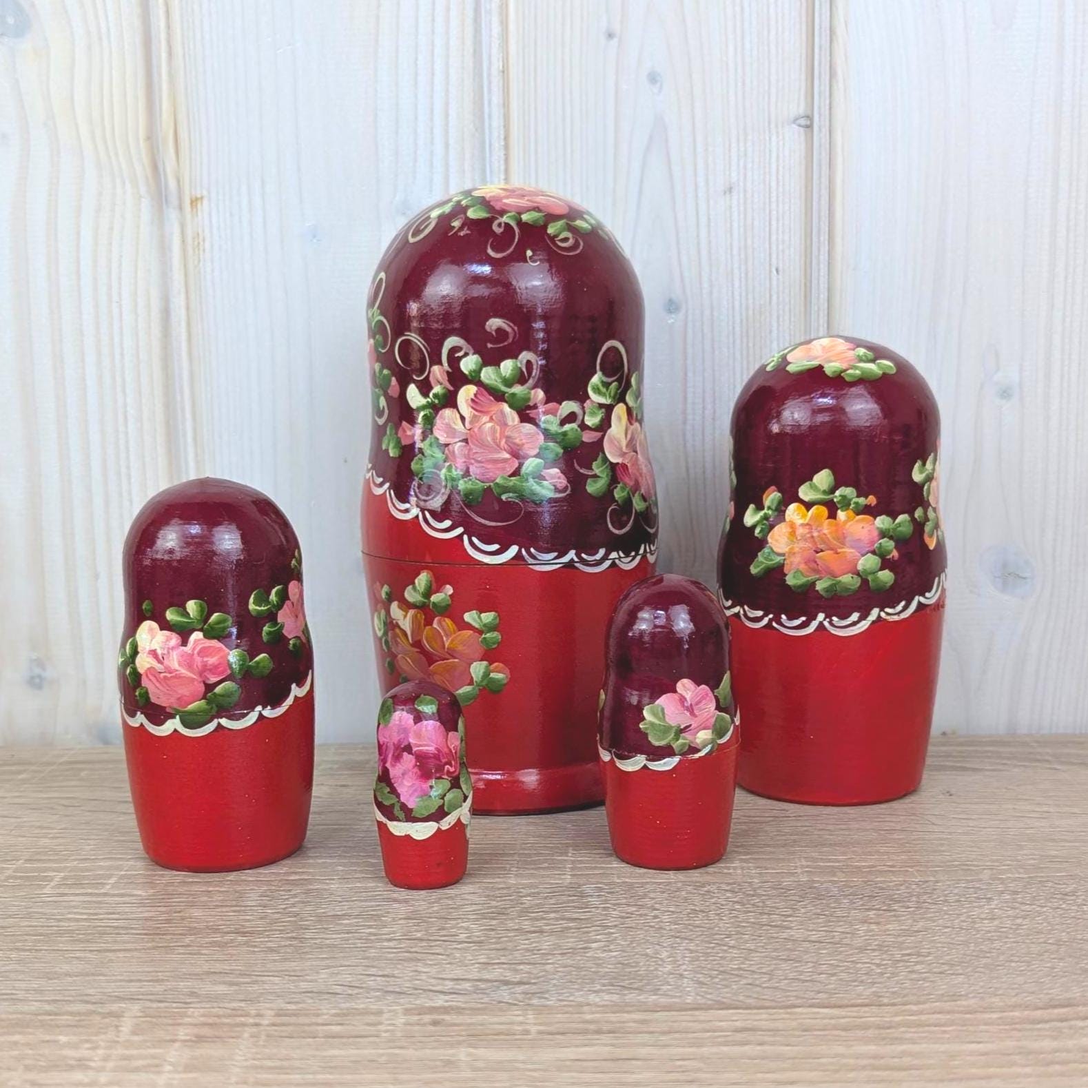 Matryoshka Nesting Dolls Set of 5, Hand Painted Wood, Russian Folk Art, Floral Red, 1980s