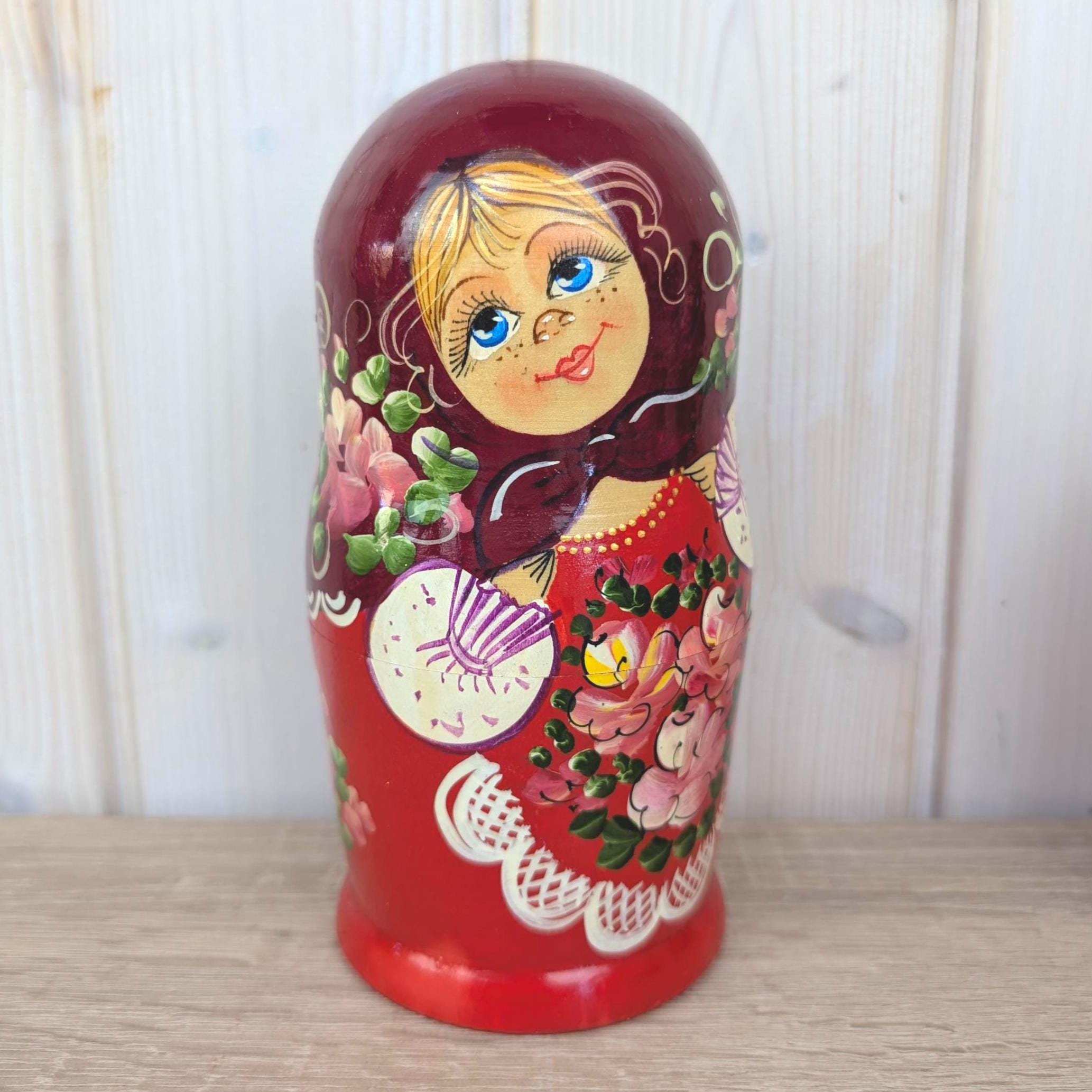 Matryoshka Nesting Dolls Set of 5, Hand Painted Wood, Russian Folk Art, Floral Red, 1980s