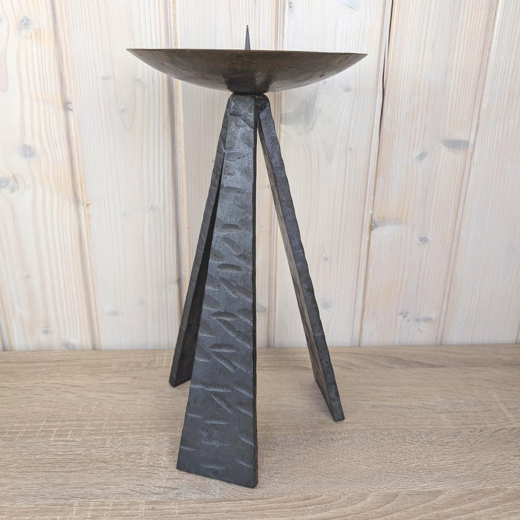 Brutalist Iron Tripod Candleholder, Hammered Metal Bowl, Hand Forged, 1970s