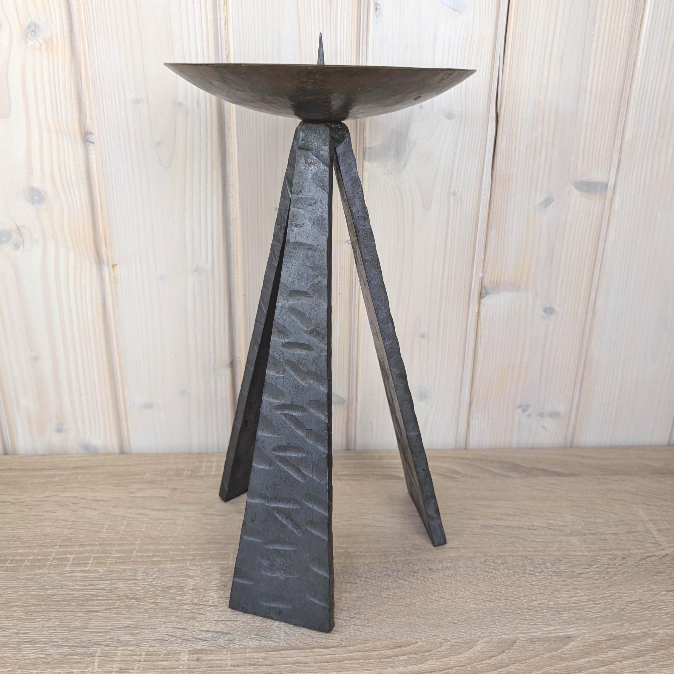 Brutalist Iron Tripod Candleholder, Hammered Metal Bowl, Hand Forged, 1970s