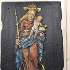 Cast Iron Fireback Madonna Child 1730, Polychrome Painted Relief, Antique Wall Plaque