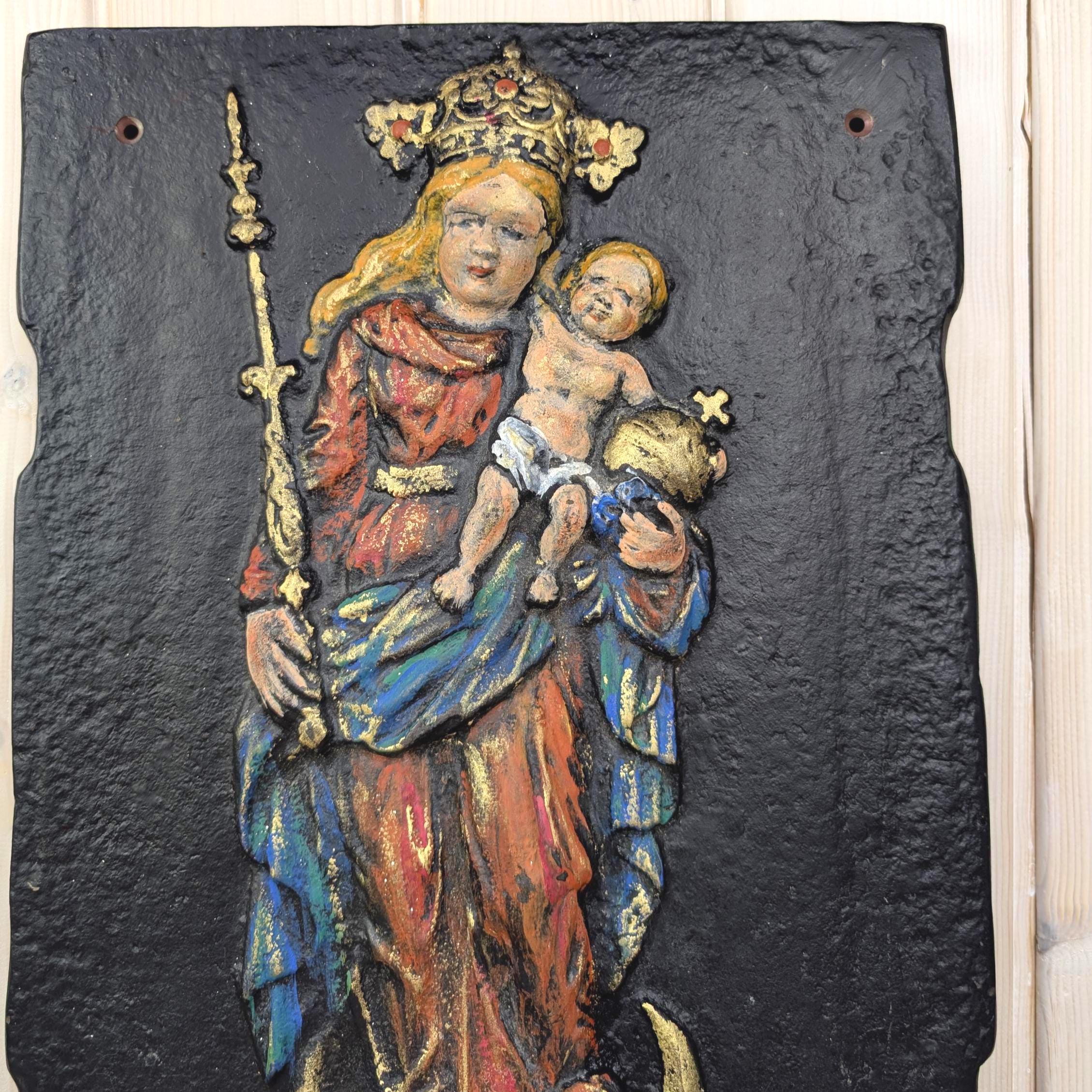 Cast Iron Fireback Madonna Child 1730, Polychrome Painted Relief, Antique Wall Plaque