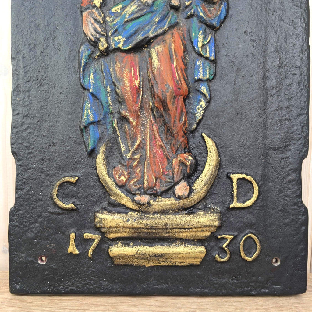 Cast Iron Fireback Madonna Child 1730, Polychrome Painted Relief, Antique Wall Plaque