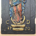 Cast Iron Fireback Madonna Child 1730, Polychrome Painted Relief, Antique Wall Plaque