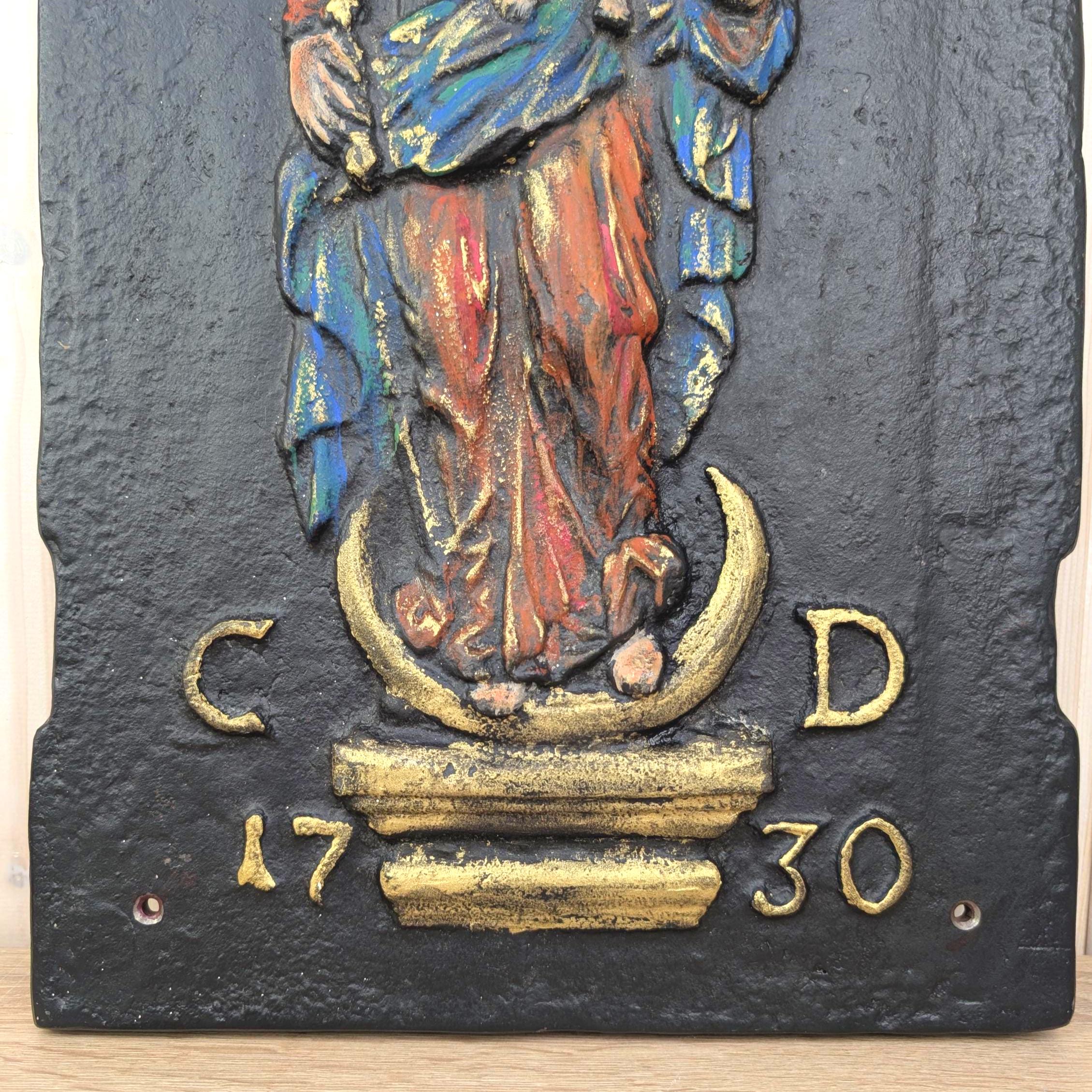 Cast Iron Fireback Madonna Child 1730, Polychrome Painted Relief, Antique Wall Plaque