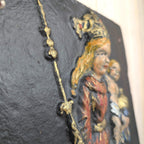 Cast Iron Fireback Madonna Child 1730, Polychrome Painted Relief, Antique Wall Plaque