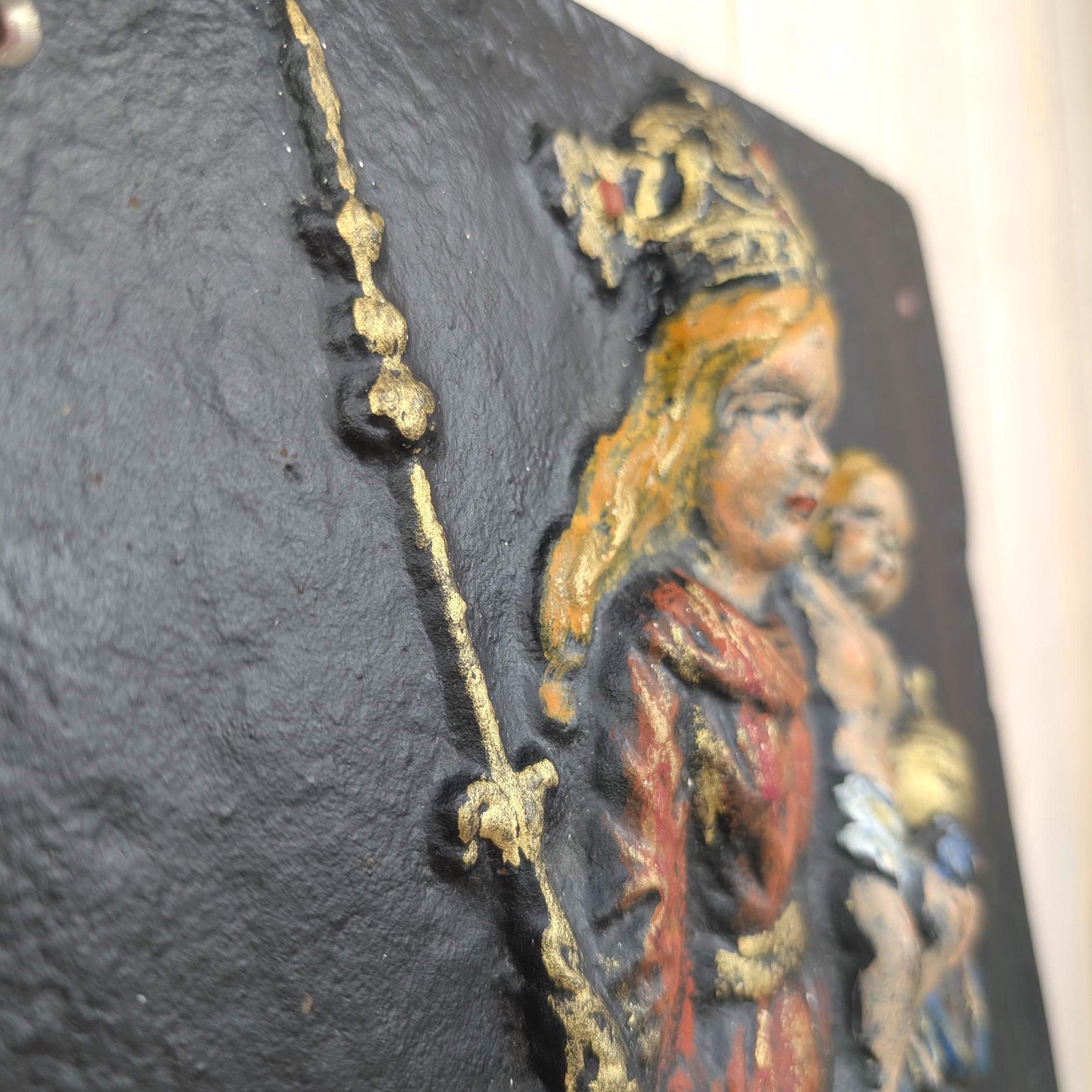 Cast Iron Fireback Madonna Child 1730, Polychrome Painted Relief, Antique Wall Plaque