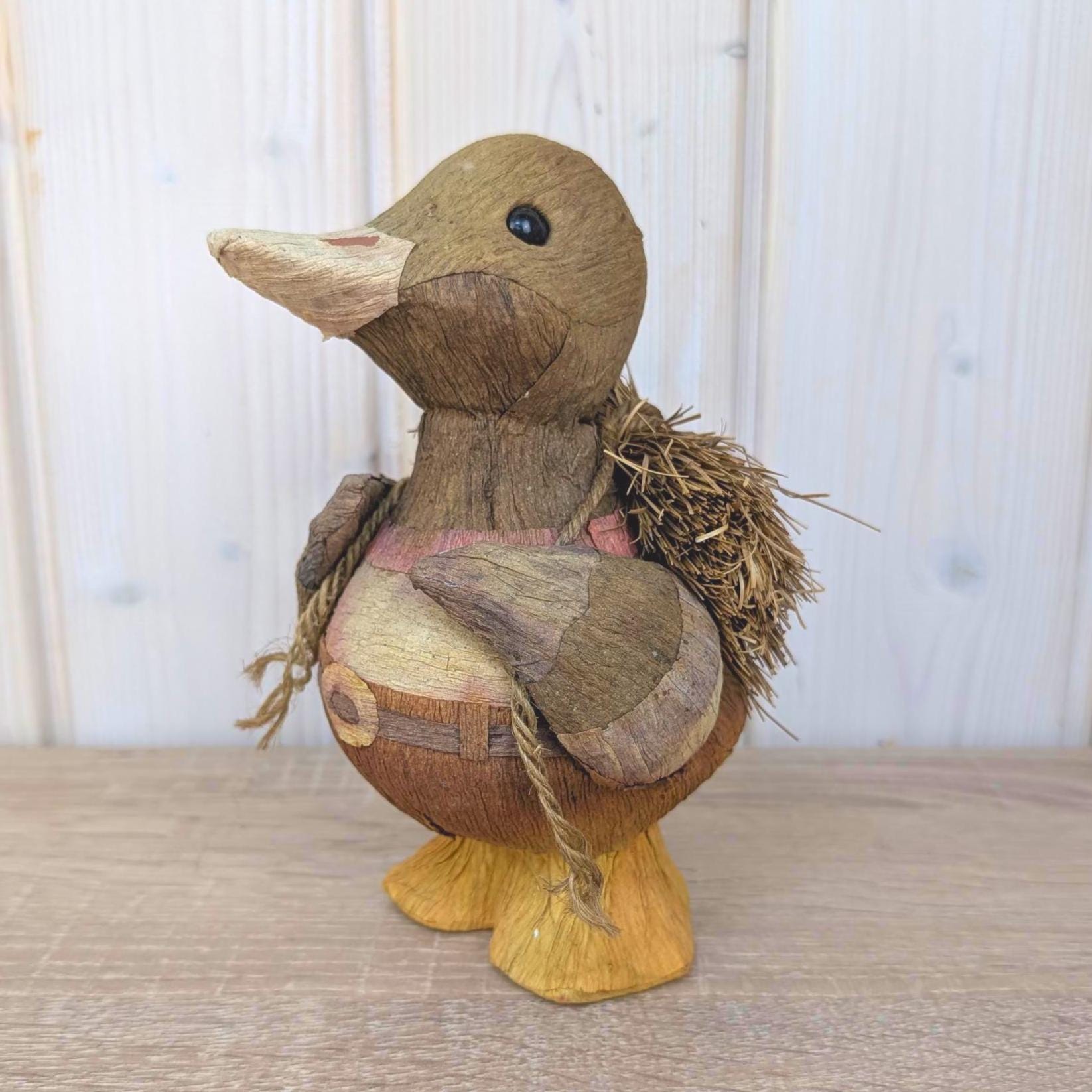 Coconut Shell Duck Figurine, Handmade Natural Fiber Folk Art, Boho Decor, 1980s