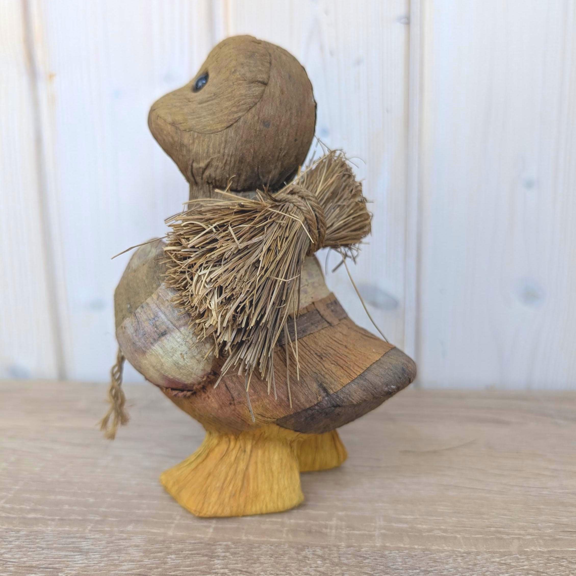 Coconut Shell Duck Figurine, Handmade Natural Fiber Folk Art, Boho Decor, 1980s