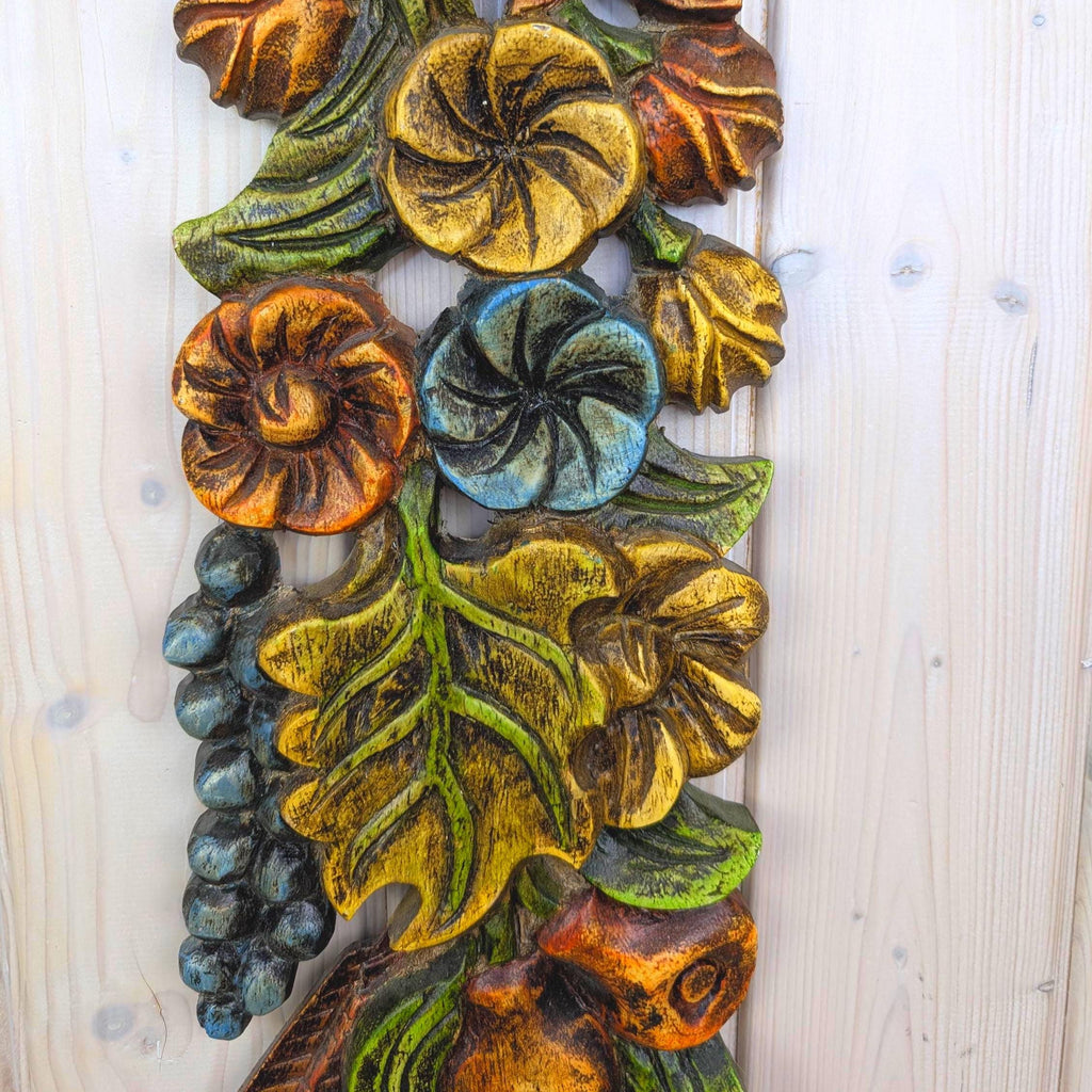 Wood Floral Garland Wall Plaque, Polychrome Painted, 1960s, Flowers Grapes Fruit, Folk Art