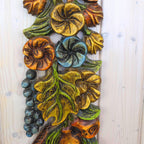 Wood Floral Garland Wall Plaque, Polychrome Painted, 1960s, Flowers Grapes Fruit, Folk Art