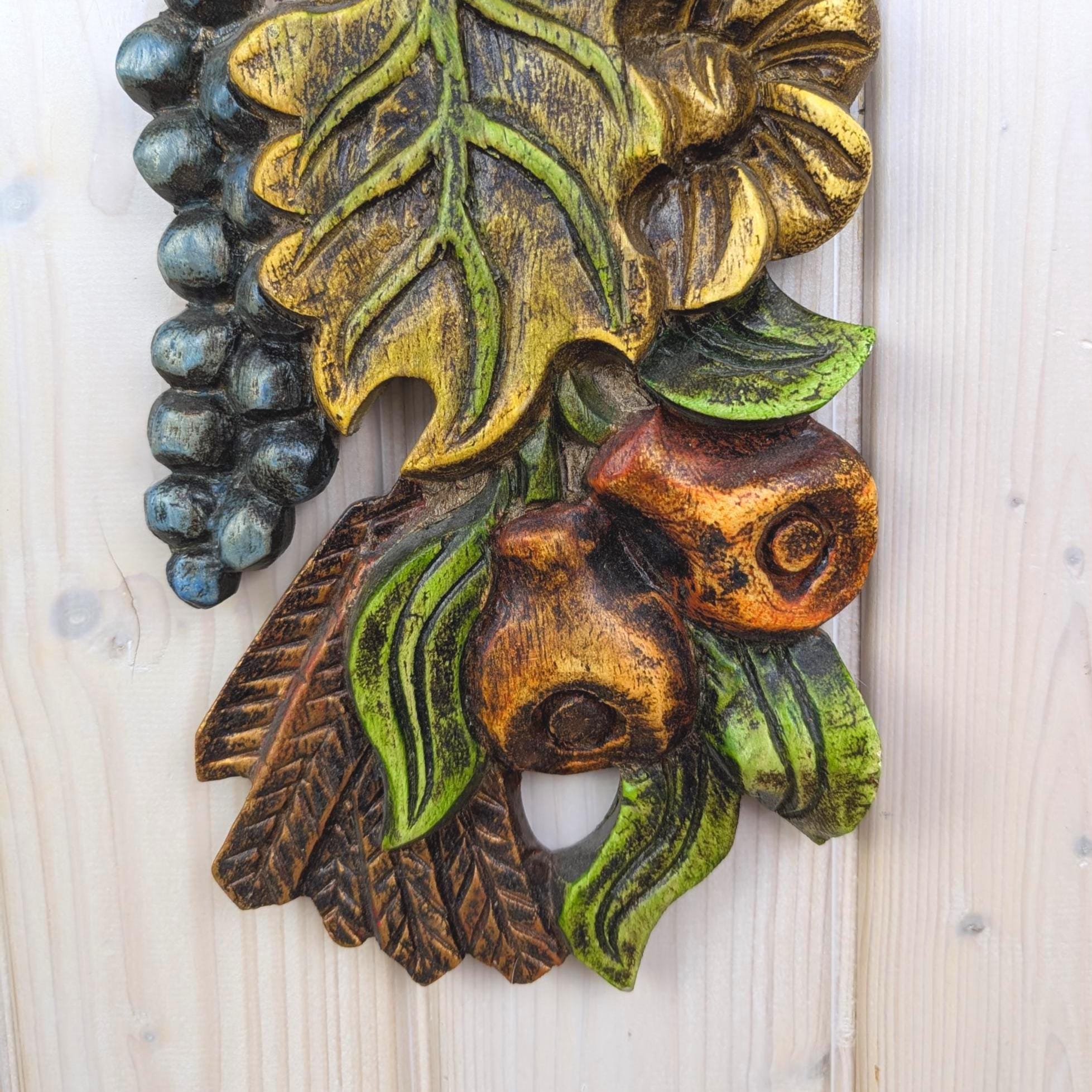 Wood Floral Garland Wall Plaque, Polychrome Painted, 1960s, Flowers Grapes Fruit, Folk Art