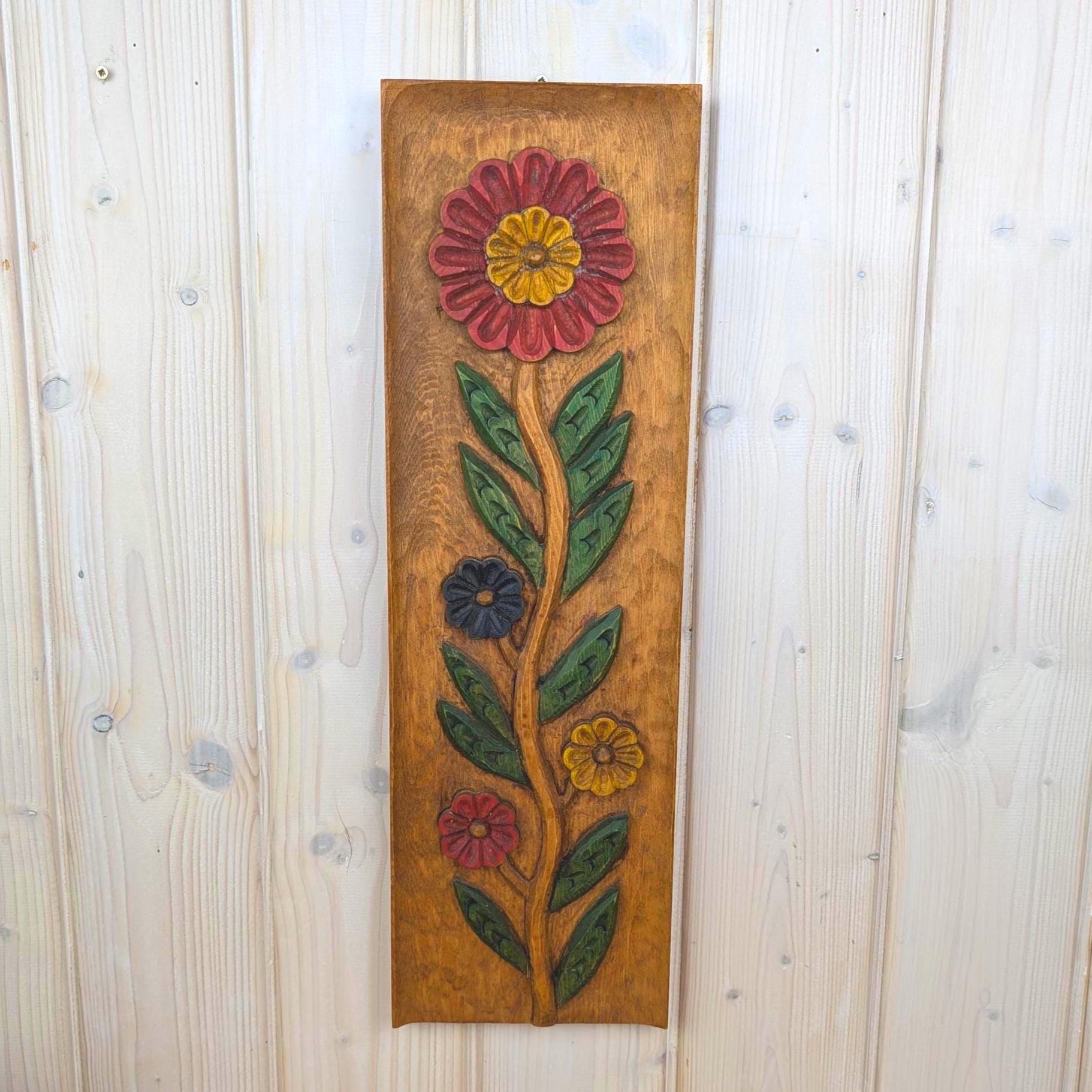 Carved wood floral wall plaque, hand-carved, folk art, 1960s, flowers, painted relief panel