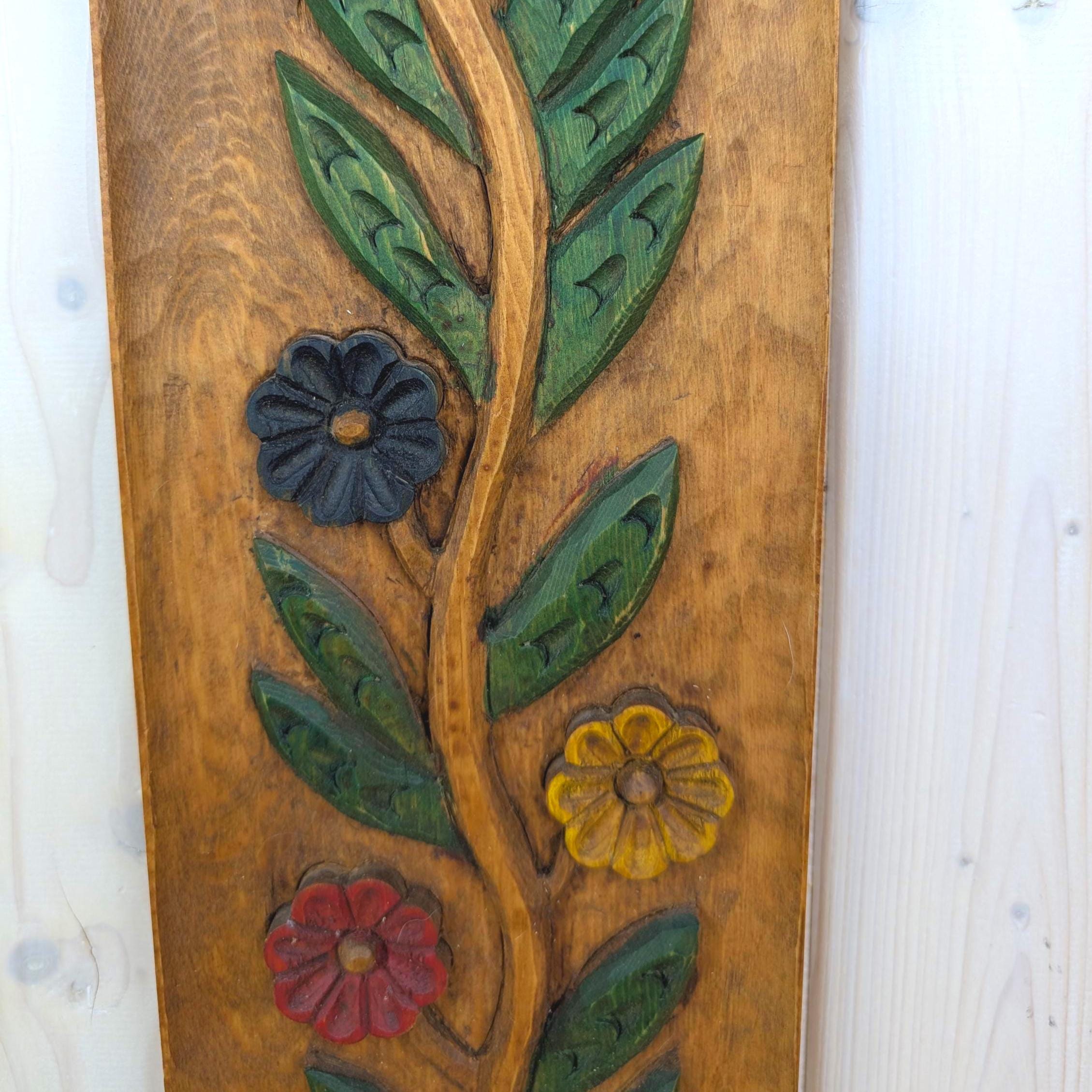 Carved wood floral wall plaque, hand-carved, folk art, 1960s, flowers, painted relief panel
