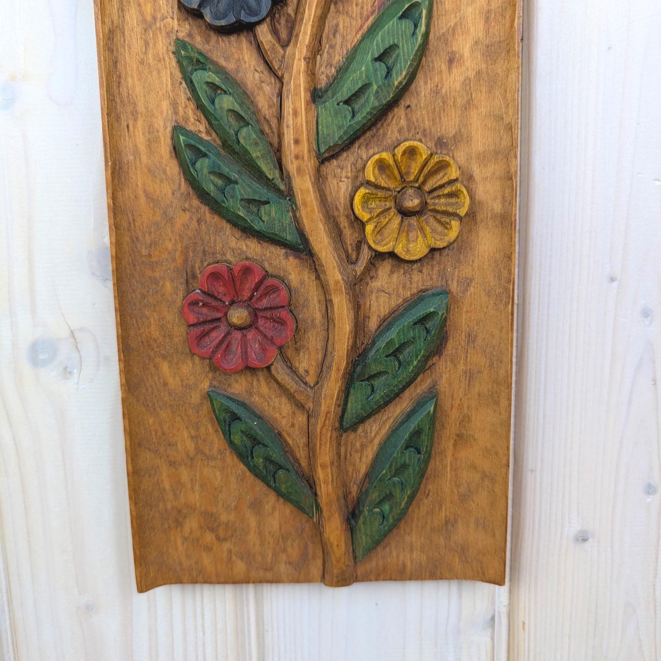 Carved wood floral wall plaque, hand-carved, folk art, 1960s, flowers, painted relief panel