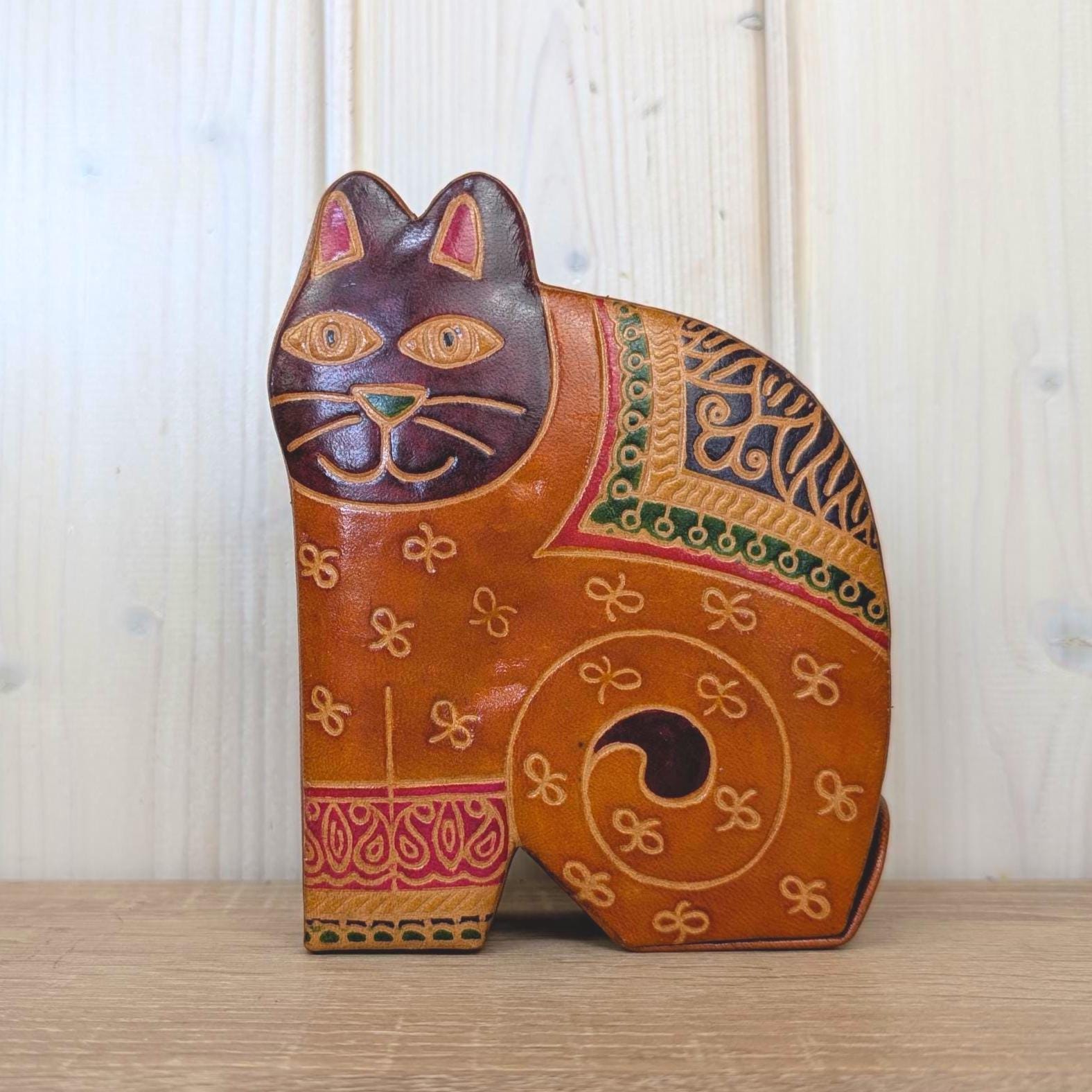 Coin Bank, Leather Cat, Tooled Painted Leather, Folk Art, Piggy Bank, Cat Figurine